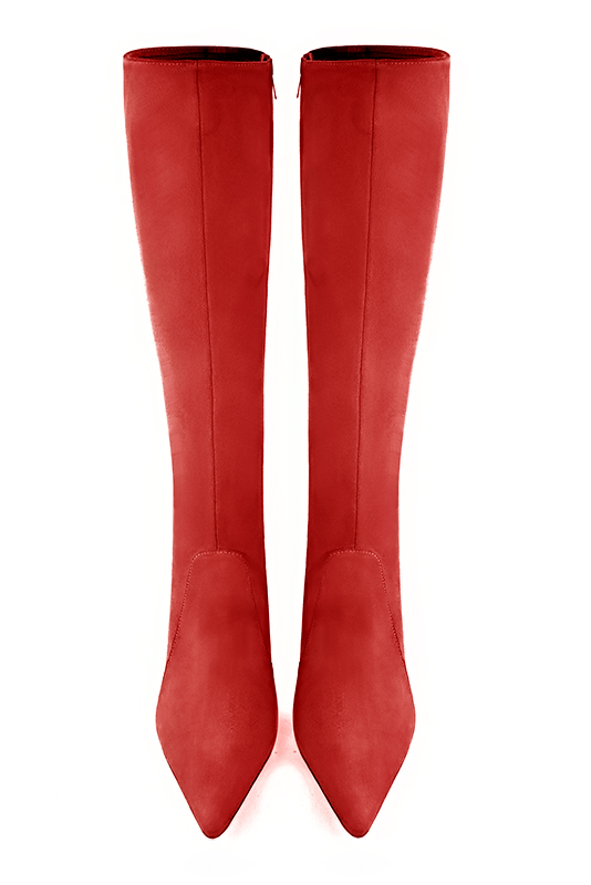 Scarlet red women's feminine knee-high boots. Pointed toe. Very high spool heels. Made to measure. Top view - Florence KOOIJMAN
